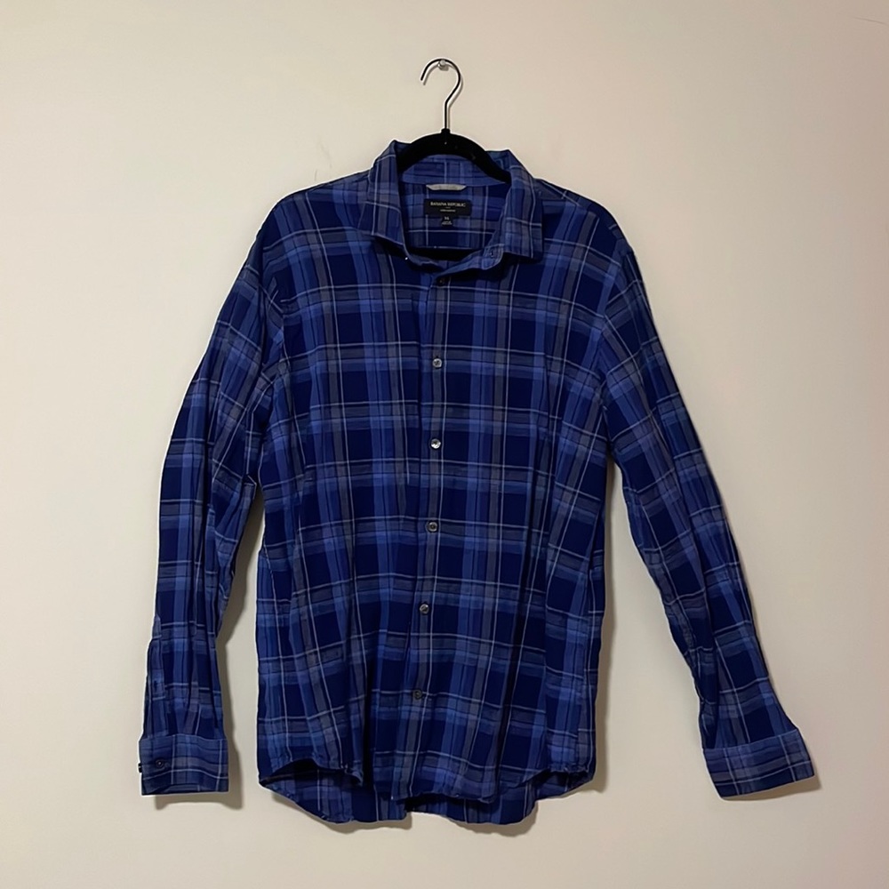Banana Republic Mens Linen Slim Fit Size XL Shirt Button Down - Dark Blue Plaid